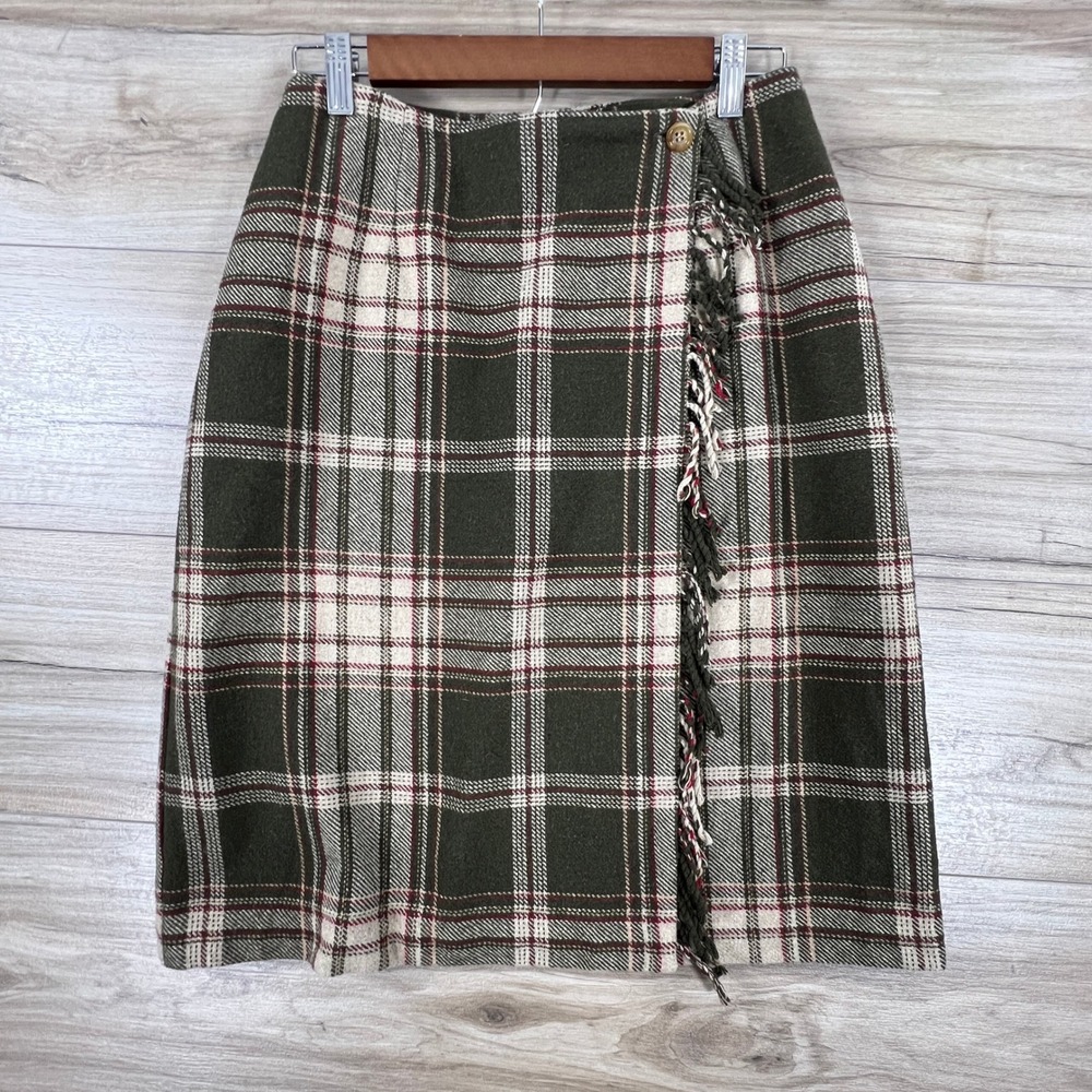 Bice by Sag Harbor Plaid Wool Blend Wrap Skirt Fringe Olive Green Cream Size 10